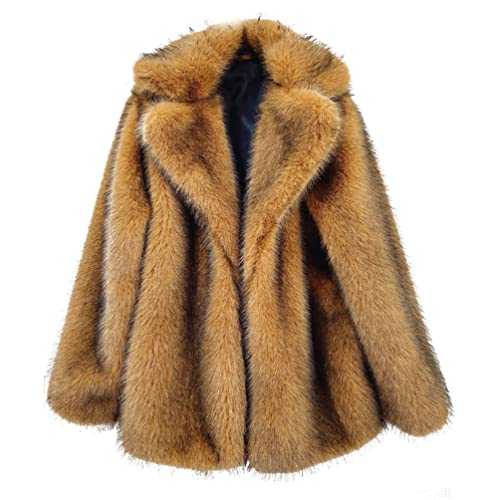 ZhuiKun Women's Faux Fur Lapel Coat Mid-Length Fuzzy Fleece Winter Trench Coat Thick Warm Outerwear Overcoat