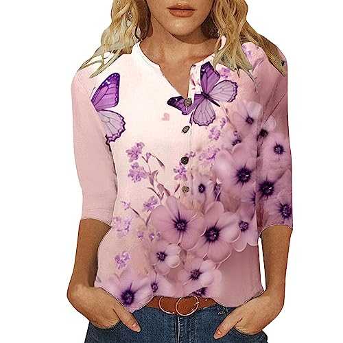 Women's Casual Print T-Shirt 3/4 Sleeve Crew Neck Shirt Button Blouse Splice Tops Glitter Underwear Sexy