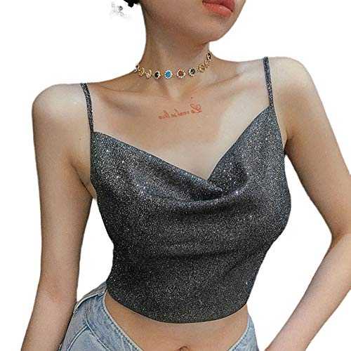 FeMereina Women Metal Sequin Sparkle Glitter Tank Deep V Neck Spaghetti Strap Backless Chain Halter Crop Tops Party Blouse