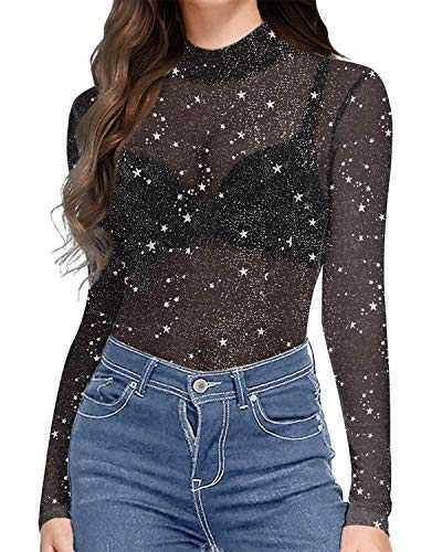 Bloggerlove Women's Sexy Sheer Blouse See Through Slim Fit Clubwear Mesh Tops