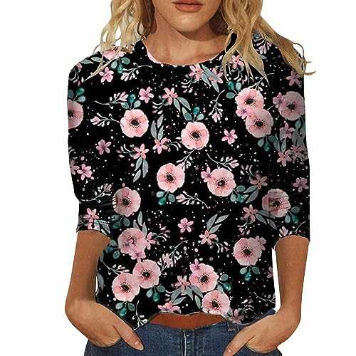 Kmdwqf Shirts for Women Summer Tops Round Neck Three Quarter Sleeve Comfortable Floral Print Blouse Sparkling Tops for Women UK Christmas Sweatshirt Women Christening Gifts for Girls Sale Clearance