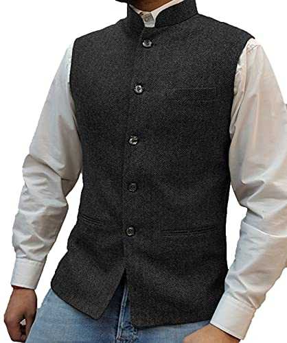 Tuikayoo Mens Herringbone Wool Vests Suit Business Tweed High Collar Waistcoats Slim Fit