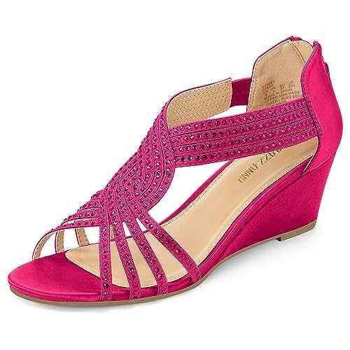 PIZZ ANNU Women's Diana Low Wedge Sandals Sparkly Rhinestone Open Toe Fashion Dress Shoes for Woman Lady in Bridal Dance Evening,Nude,White,Hot Pink,Red