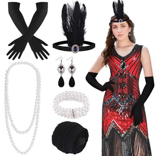 FEPITO 1920s V Neck Sequin Beaded Fringed Dress with 20s Accessories Set