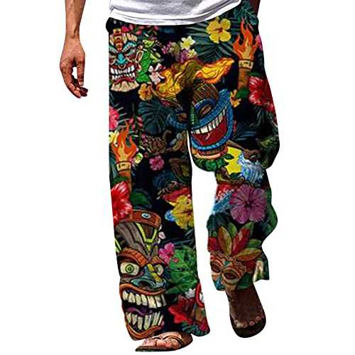 KOUZHAOA Men's Twill Pants Mens Fashion Casual Cotton and Linen Printed Pocket Lace Up Pants Large Size Pants Parrot Picture Little L