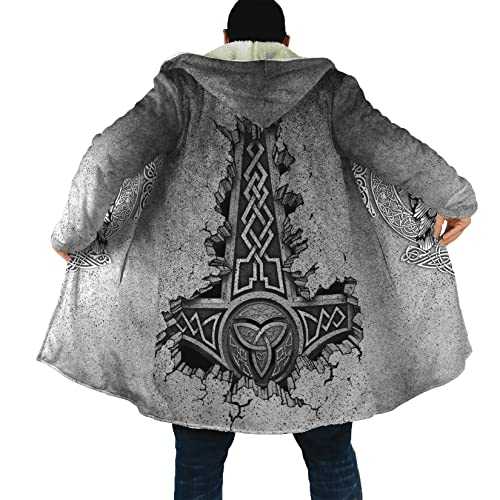 DAMATA Nordic mythology thors hammer Men's warm wool hooded jacket Viking tattoo winter mid-length jacket Warm hooded coat (Color : Gray Mjölnir, Size : L)