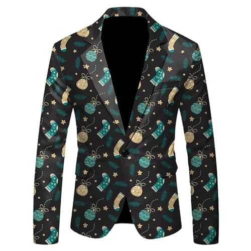 Slim Suit Men Christmas Snowflake Santa Printed Pocket Lapel Button Suit Suit and Tuxedo