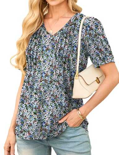 GRECERELLE Ladies Tops V Neck Puff Short Sleeve T Shirt for Women Summer Tunic Tops Womens Casual Pleated Floral Printed Blouses Tee