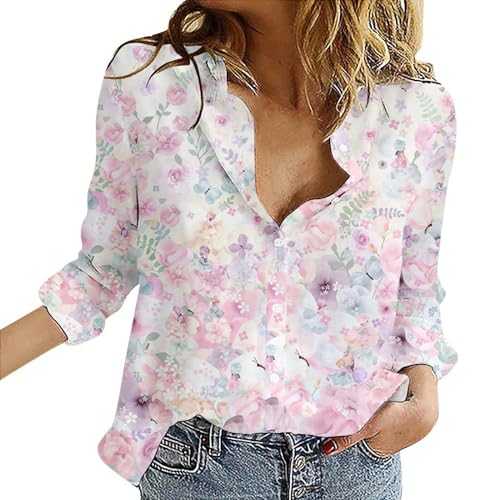 Long Sleeve Stretch Top Womens Women's Shirts Floral Print Button Down Shirt Fashion Lightweight Long Sleeve Blouse Spring Summer Casual Tops Full Length Long Sleeve Top