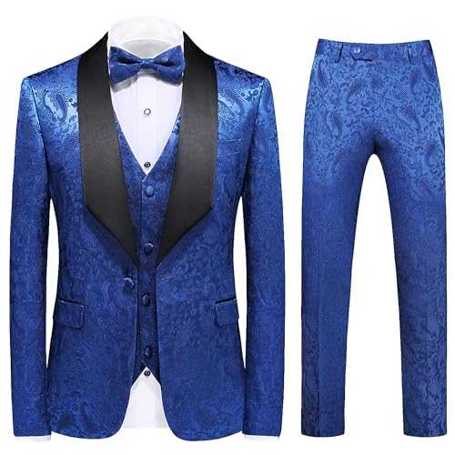UNINUKOO Mens Suit Slim Fit 3 Piece Jacquard Suit Tuxedo 1 Button Shawl Collar Wedding Formal Tux