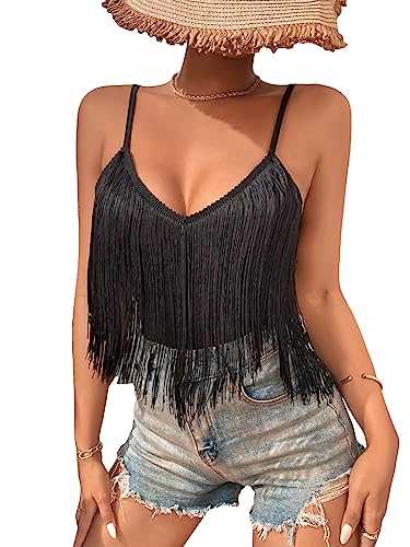 GORGLITTER Women's Deep V Neck Tassel Trim Cami Crop Top Sleeveless Summer Tops Camisole