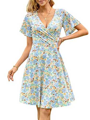 FENSACE Womens Sundress Summer Floral Short Sleeve Wrap V Neck A-Line Midi Dress