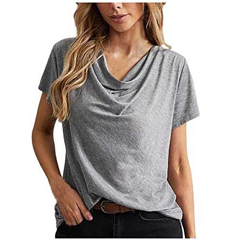 AMhomely Women's T Shirts Summer Loose Cowl Neck Tunic Tops Elegant Ruched Stretch Short Sleeve Blouse Solid Color Shirt Top
