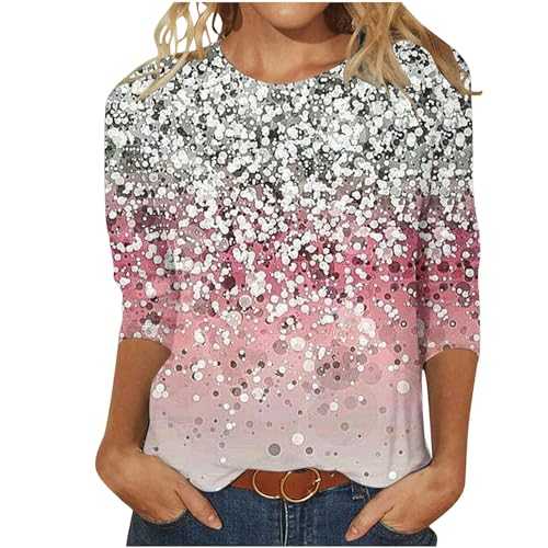 Womens Tops 3/4 Sleeve Shirts Round Neck Dressy Casual Blouses Glitter Sequin Print Tshirts Fall Cute Tunic Tops Basic Tees Blouse Loose Fit Pullover Going Out Top