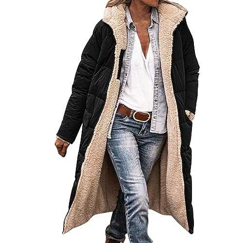 TEPTDirio Jackets for Women UK Reversible Puffer Coats/Vest Sherpa Fleece Zip Hoodie Winter Warm Coat Long Down Outerwear Pocket 2023 Fashion Clothes Oversized Shearling Fleece Long Coats Jackets