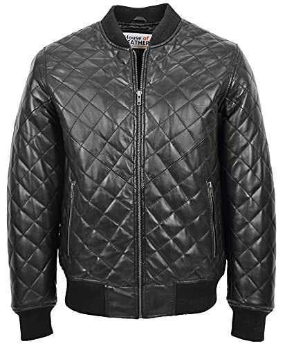 Mens Real Leather Bomber Jacket Quilted Varsity Style Warren Black