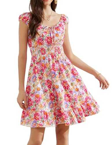 GRACE KARIN Women's Floral Sleeveless Dresses with Elastic Waist Flowers Pleated Square Neck Dress