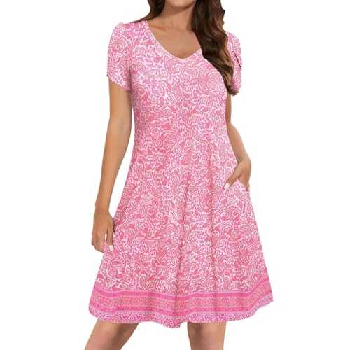 Petite Summer Dresses Womens Summer A Line Dress with Pockets Short Sleeve Dresses Flowy Beach Swing Dress 2025 Vacation Travel for Women UK Plus Size