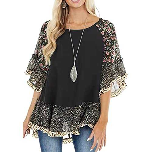 Women Summer Tops Round Neck Chiffon trumpet sleeve Leopard Patchwork Print Top Blouse Casual Pleated Tunic Tops Shirts Stylish and elegant Loose pullover Batwing mid-sleeve T-shirt Top Blouse