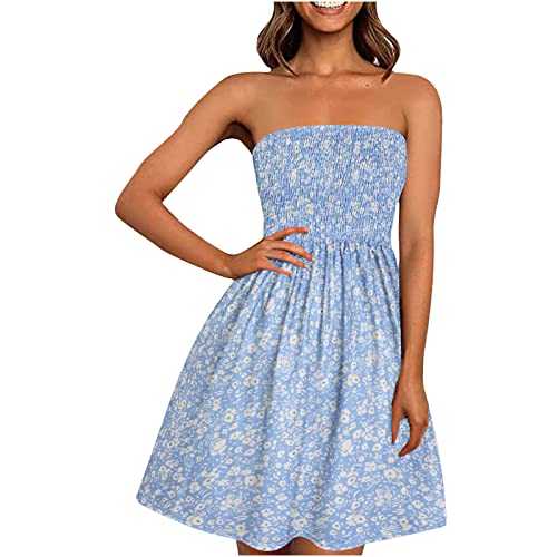 XIAHHQSp Womans Tops Ruched Dresses Sleeveless Dresses UK Gather Up Dress Backless Beach Sun Dress Flora Printed Holiday Dresses Ladies Sheering Dresses Casual Boho Strapless Elastic Band Dress