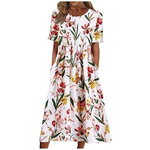 Women's Summer Dresses Casual Fashion Flower Printed Short Sleeve Round Neck Pocket Dress Dresses UK Petite, S-3XL