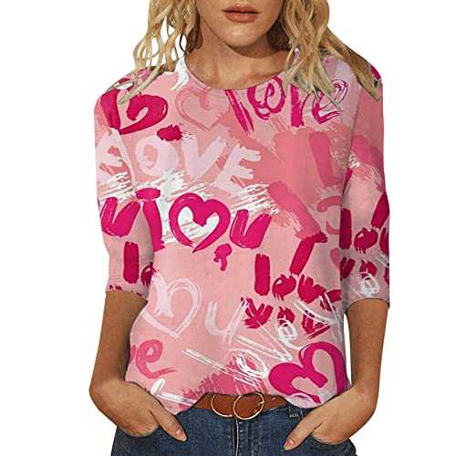 Women's T-Shirt, Valentines Day Gifts for Women Ladies Heart Print 3/4 Sleeve Shirts Round Neck 3/4 Sleeve Tops
