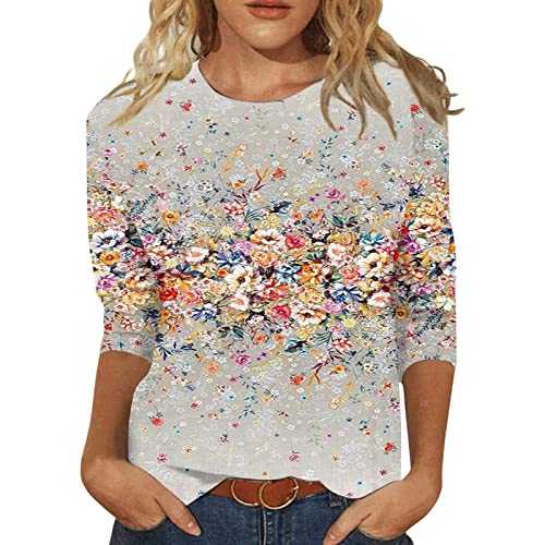 NQyIOS Boho Tops for Women UK Womens Three Quarter Sleeve T Shirts Spring Summer Fashion Tops Round Neck Comfortable Shirts Long Sleeve Compression Women Womens Vest Top