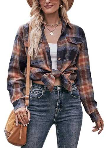 Womens Casual Cuffed Long Sleeve Boyfriend Button Down Plaid Flannel Shirt Tops