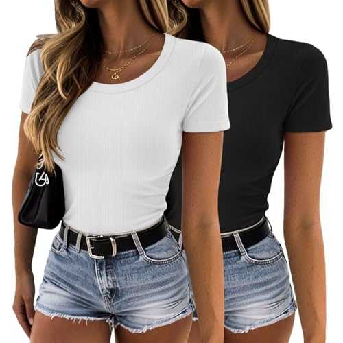 YGOODM Women's Short Sleeve Shirts Pack Crew Neck Ribbed Knit T-Shirts Slim Fit Casual Summer Basic Tops S-XXL