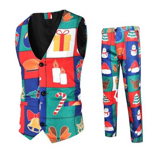 Ruamilyy Men's 2-Piece Christmas Suit Slim Fit Button Formal Snowman Print Jacket Blazer Vest Suit Trousers Set Men Fit Wedding Christmas Costume Business Modern Christmas Suits, blue, XL