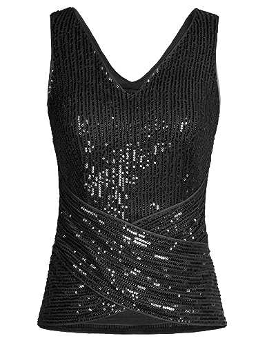 GRACE KARIN Women V Neck Sequin Tank Tops Slim Fit Cross Over Waist Party Vest for Going Out