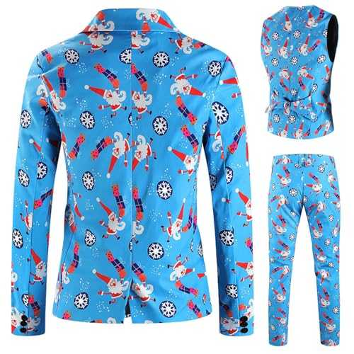 Men's Suits Christmas Snowflake Santa Printed Pocket 3 Piece Lapel Button Suit for Party Single Braested Blazers Pattern Lightweight Pocket Suit Jackets Classic Suits for Men