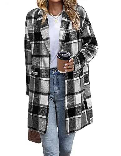 Women's Plus Size Flannel Plaid Shacket Coat Lapel Button Wool Blend Winter Tartan Trench Coat Jacket With Pockets