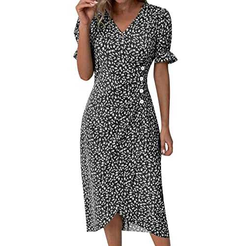 Dresses for Women UK Button V Neck Sleeve Irregular Hem Boho Dress Polka Dot Vintage Floral Print Ladies Wrap Dress Puff Sleeves Thin Summer Dresses Holiday Leisure Cocktail Midi Sundress