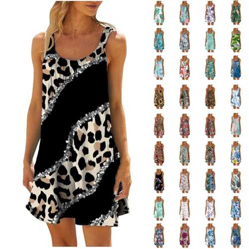 Summer Beach Dresses for Women UK Tropical Hawaii Floral Dress Stretch Strap Boho Swing Sundress Ladies Sleeveless Tank Beach Cover Ups Beachwear Plus Size