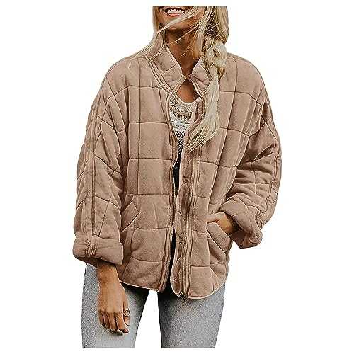 uSecee Sale Womens Dolman Lightweight Quilted Jackets Long Sleeve Solid Color Coat Winter Warm Padded Down Warm Puffer Coat Stand Neck Drop Shoulder with Pockets Fashion Outwear