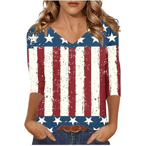 Womens Summer Tops Graphic Tees 4Th of July 3/4 Sleeve Shirts Floral Boho Tops V Neck American Flag Independence Shirt Loose Fit Tees Shirts Trendy Beach Vacation Clothes