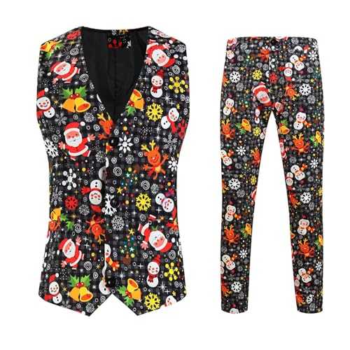 Ruamilyy Christmas Suits Men's Funny 3D Party Suit Festive Christmas Suit Set Festive Party Evening Wedding Suit Trousers + Vest Set Slim Fit Christmas Suits for Men, Multicoloured, XL