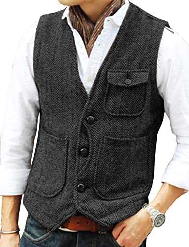 Mens Vest Casual Soft Wool Tweed Suit Vest Herringbone Waistcoat for Groosmen Best Man