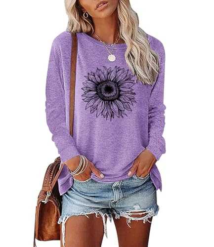 BAOKUAN Women's Sunflower Graphic Long Sleeve Fashion Floral Printed Casual Cotton Tee Tops Cute Funny Tees Shirt