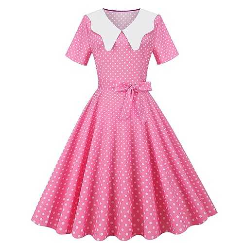 1950S Vintage Retro Rockabilly Dress Plus Szie Barbie Costume Polka Dot Dress for Women Vintage Dresses for Women Vintage Dress Women's Hepburn Style Dress Pink Short Sleeve V-Neck Dot Print Women