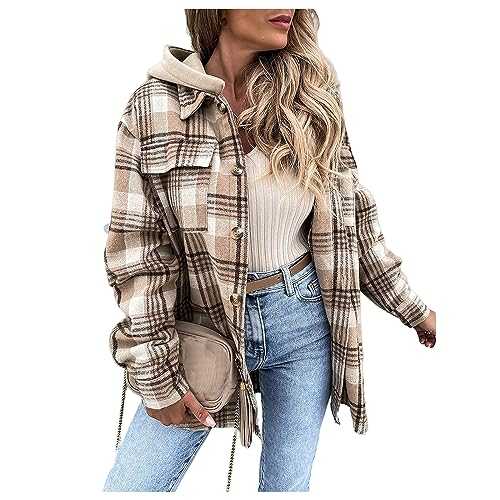 Yrkcah Womens Shirts Woolen Long Sleeve Plaid Hoodie Casual Stylish Checker Shirt Jacket Button Up Shirts Coats with Detachable Hood