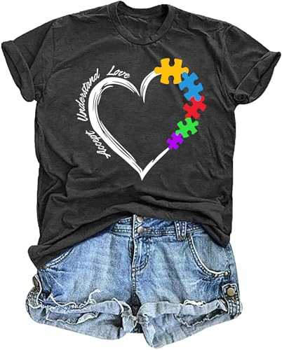 Autism Awareness Shirt Women: Accept Understand Love T-Shirt Love Heart Graphic Inspirational Short Sleeve Tops