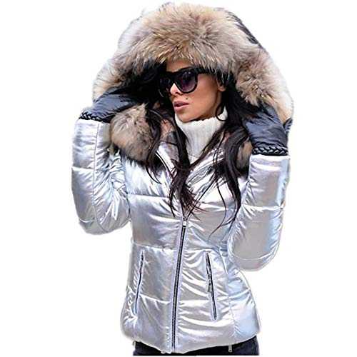 ENEN Women's Padded Faux Fur Parka Coat, Outwear Winter Warm Lady Thicken Puffer Slim Zipper Jacket Long Sleeve Windproof Fleece Hooded Coat