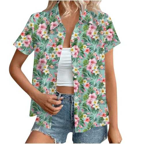 Hawaiian Shirts for Women Summer Beach Shirt Trendy Tropical Floral Print Tshirts Casual Button Down Short Sleeve Blouses Plus Size Tees Fashion Outfits Beach Vacation Clothes