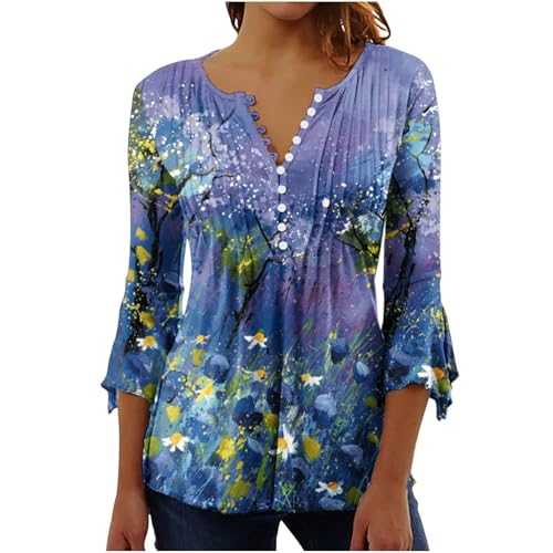 Ladies Tunic Tops Buttons Up Blouse Floral Printed Plain Pleated Womens V Neck Henley Shirts Flowy Solid Spring Summer Casual T Shirts Trendy Long Blouse Shirts to wear with Leggings