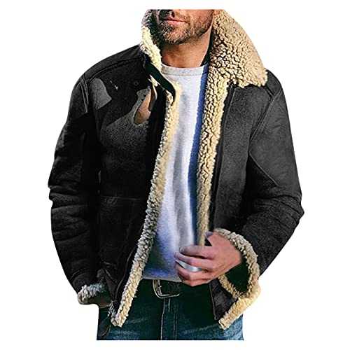 CHENYM Men's Suede Jacket Lined Lambskin Lined with Stand-Up Collar Bomber Jacket Trucker Denim Jacket with Zip Lapel Collar Fur Coat Lined Motorcycle Jacket with Teddy Lining