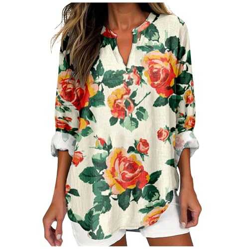 YWLINK 3/4 Sleeve Tops for Women UK Summer BohoFloral Printed Blouses V Neck Plus Size Lightweight Loose Shirts Casual Basic Trendy Tunic T-Shirt