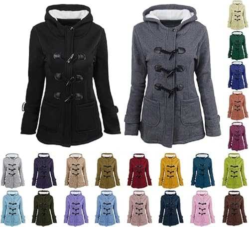 Ladies Fleece Jackets Long Coats Ladies Trench Coat Fur Hood Horn Toggles Vintage Parka Outerwear Plus Size Fleece Jacket Women Overcoat Lightweight Windbreaker Jackets Warm Hooded Button-Up Pockets