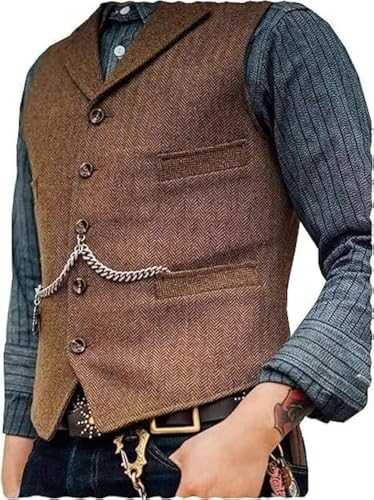 DREFEEL Mens Classic Wool Tweed Suit Vest Casual Sleeveless Jacket Herringbone Waistcoat for Tuxedos for Tuxedos